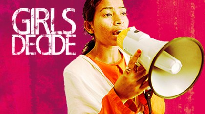 Girls decide logo with girl holding a large speaker